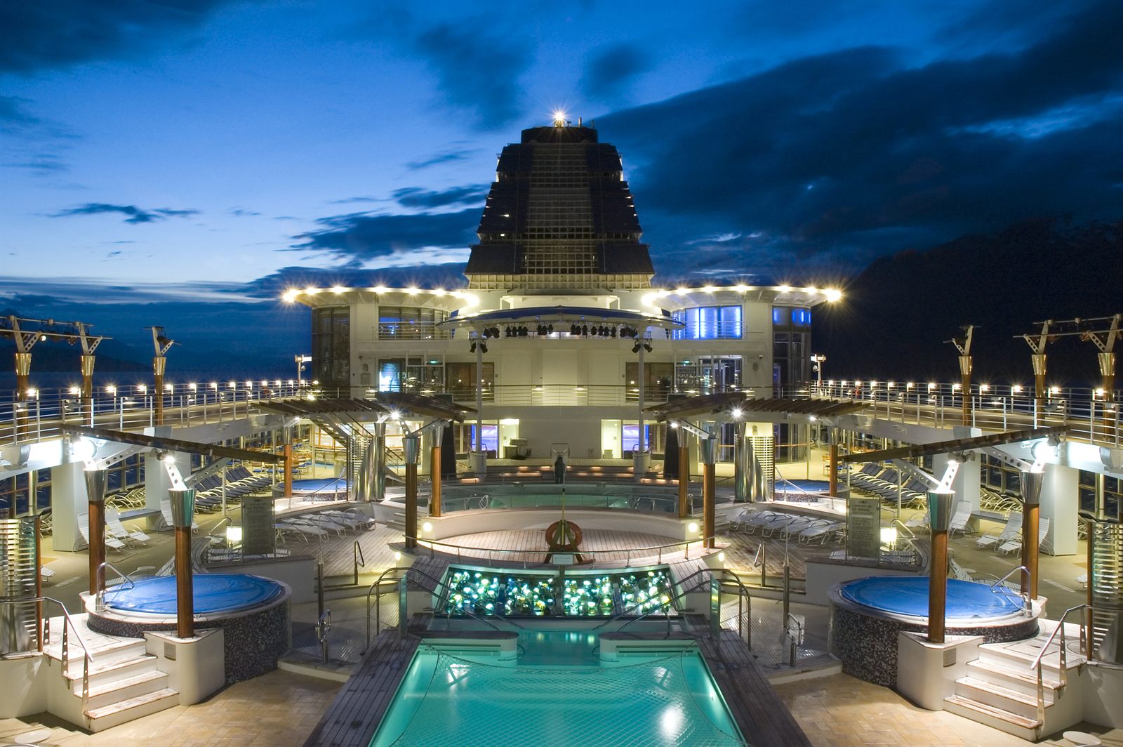 Lido deck of a cruise ship at night